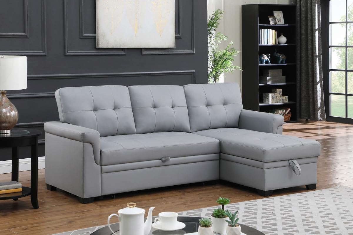 Lilola Home Lexi 83.5&quot; W Gray Vegan Leather Modern Reversible Sleeper Sectional Sofa with Storage Chaise