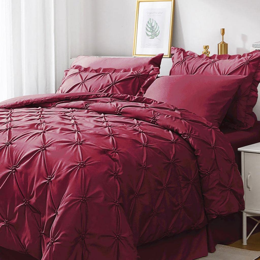 Jollyvogue Dark Red Full Size Comforter Sets 7 Pieces, Pintuck Bed In A Bag Comforter Set For Bedroom, Bedding Comforter Sets Wi