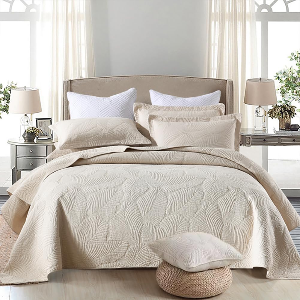 Mixinni Beige Tropical Palm Tree King Size Quilt Set Soft Cotton Bedspread Coverlet Bed Cover-King Size