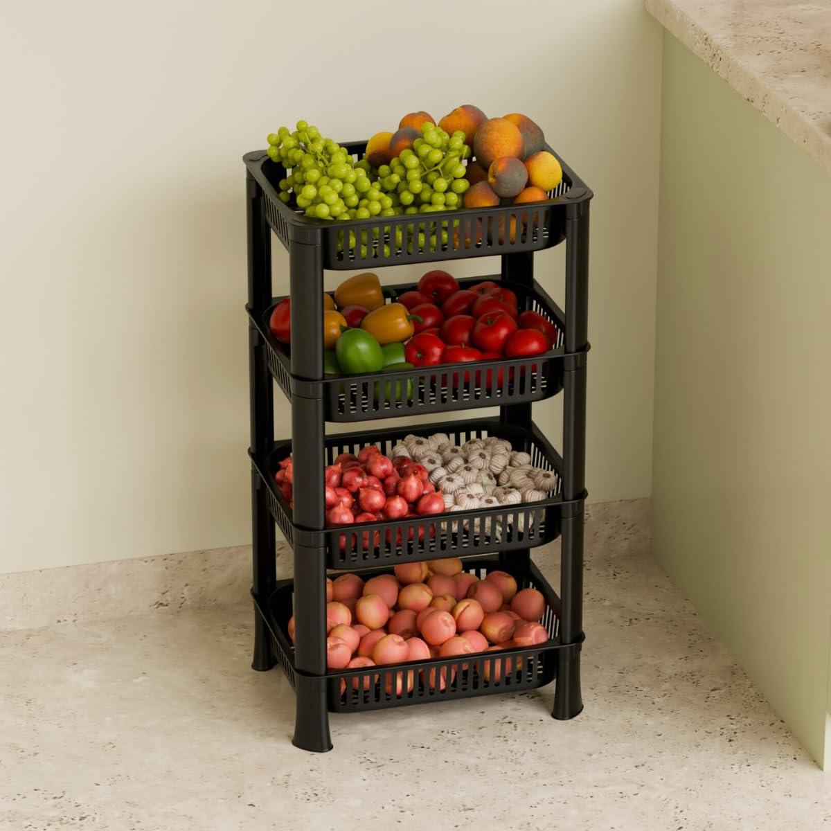 Foroly 4Layer Multipurpose Plastic Kitchen Storage Rack | Vegetable Basket Organizer | Stackable Storage Stand For Home, Pantry