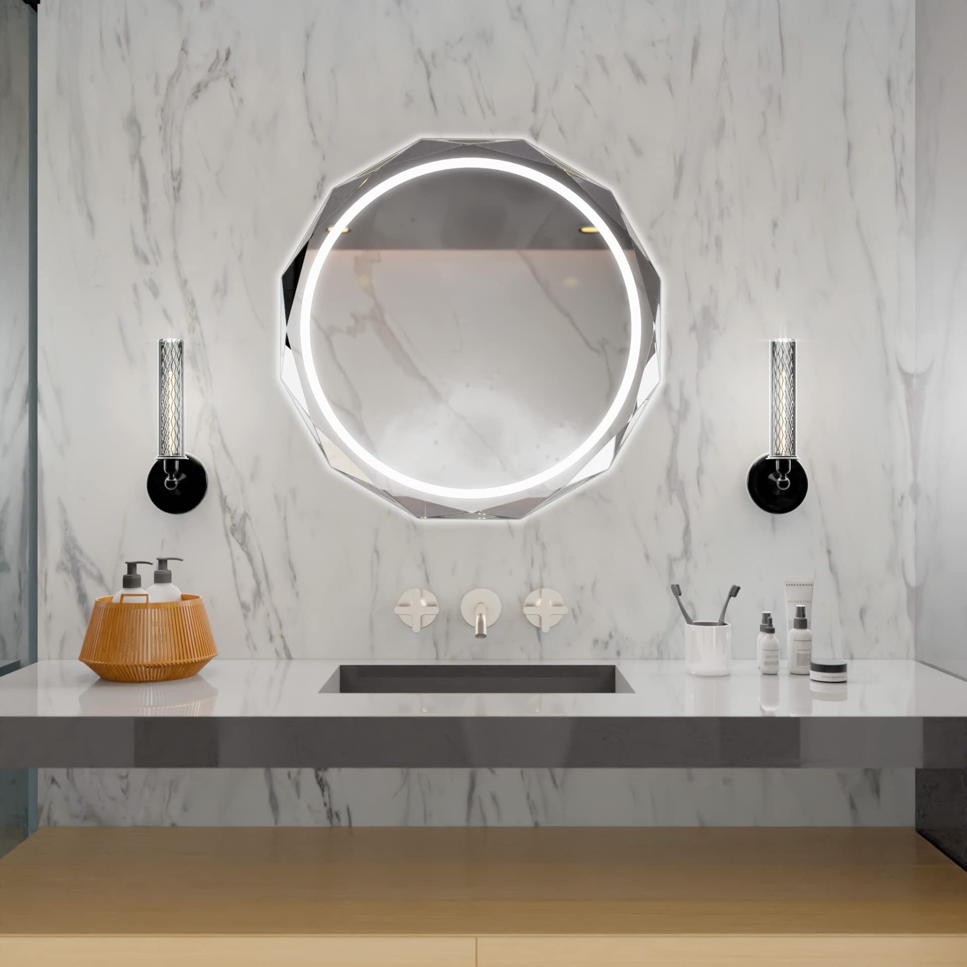 SNUGACE Round LED Bathroom Mirror, Beveled Edge Frameless Wall Mount Bathroom Vanity Mirror with 3-Color and Anti-Fog, 30 Inch, 