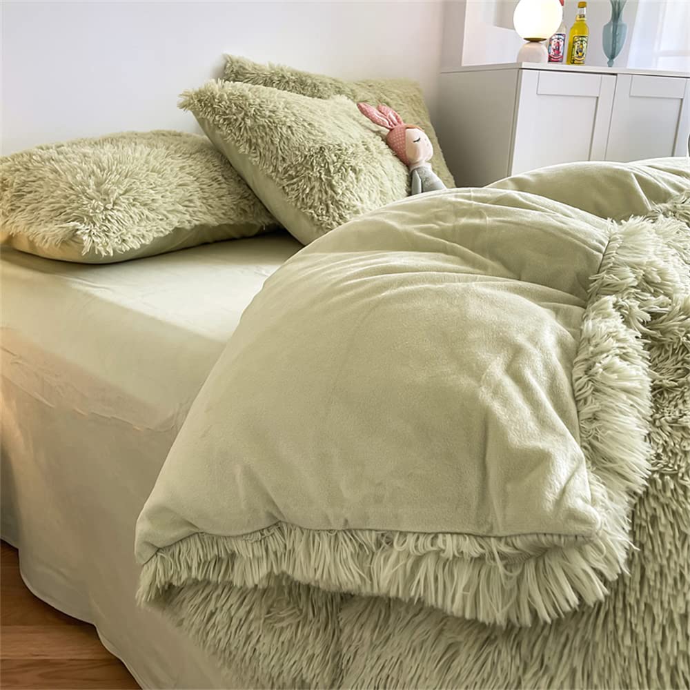 Chovy Faux Fur Plush Light Green Comforter Sets Twin/Full Size - Ultra Soft Shaggy Flannel Velvet Fluffy Fuzzy 3Pc Bedding Set (