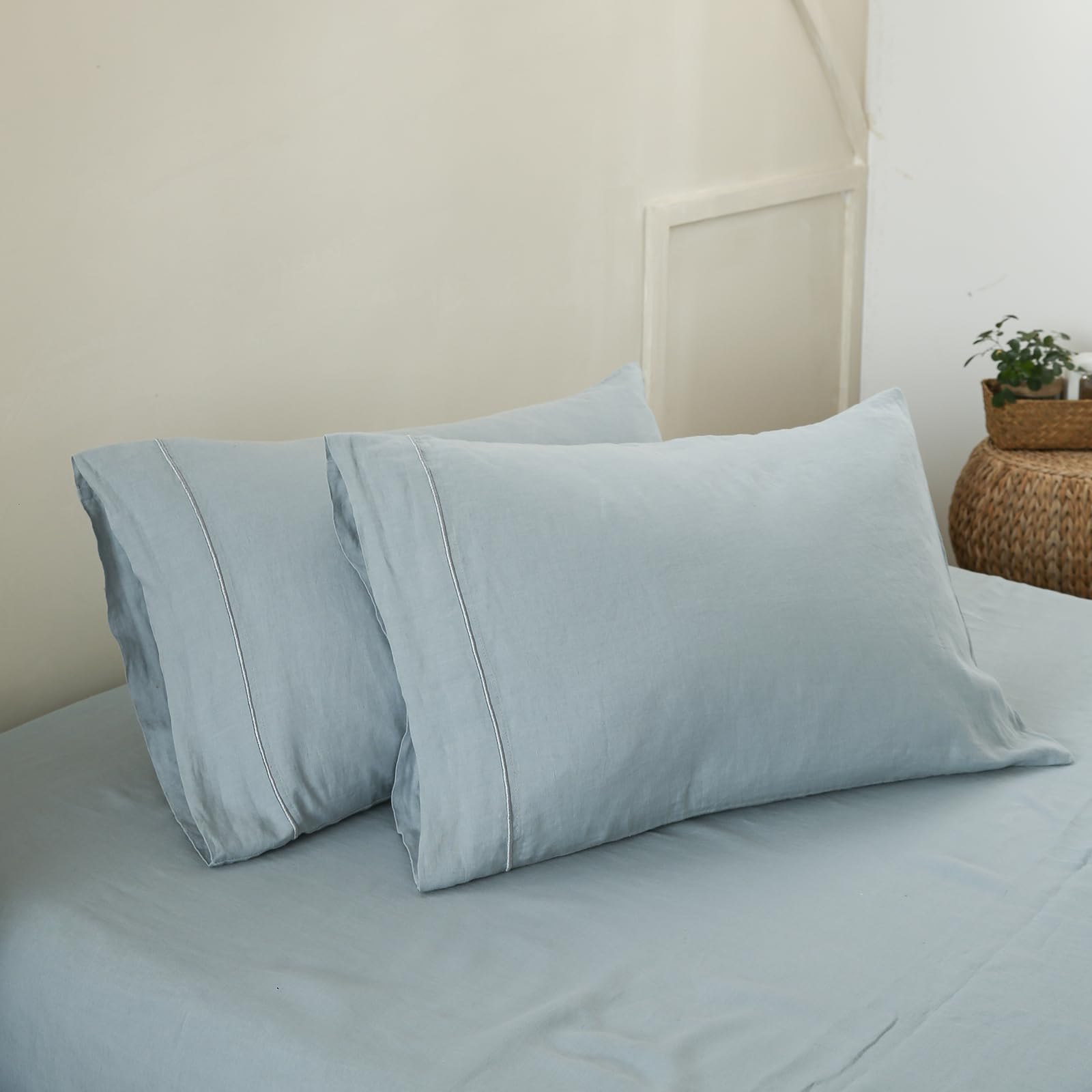 Simple&Opulence 100% French Linen Pillowcase Queen Size-Set Of 2- Washed Solid Color Pillow Cases Embroidered -Soft And Durable (Dusty Blue, 20''X30'')