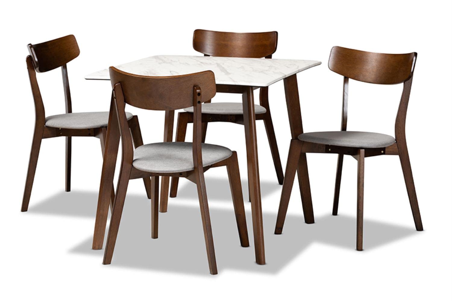 Baxton Studio Reba Mid-Century Modern Light Grey Fabric Upholstered and Walnut Brown Finished Wood 5-Piece Dining Set with Faux Marble Dining Table
