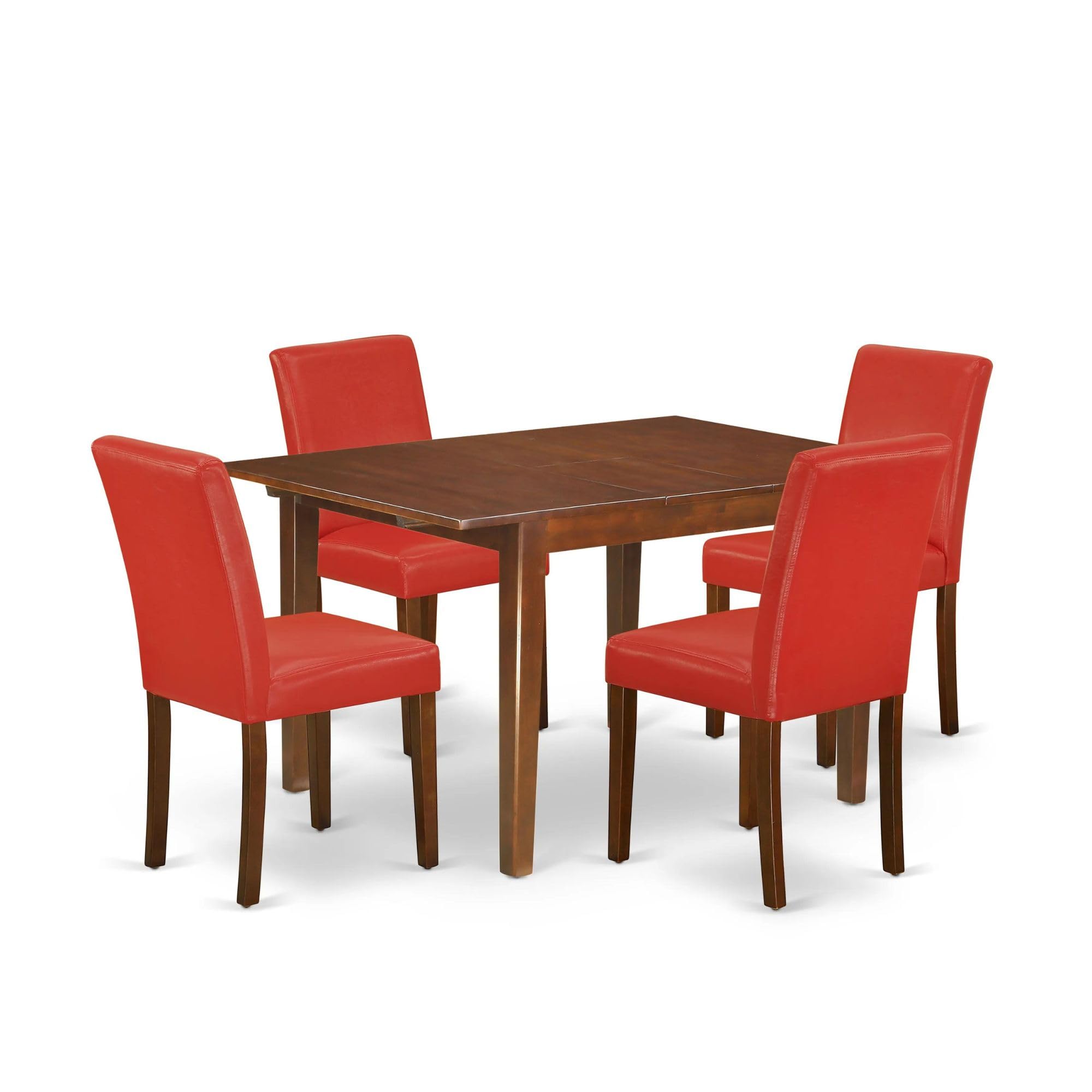 East West Furniture Noab5-Mah-72 5 Piece Dining Room Table Set Includes A Rectangle Kitchen Table With Butterfly Leaf And 4 Firebrick Red Faux Leather Parson Chairs, 32X54 Inch, Mahogany