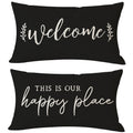 Pandicorn Farmhouse Throw Pillow Covers 12X20 Set Of 2 Welcome This Is Our Happy Place Black Outdoor Back Front Porch Patio Deco