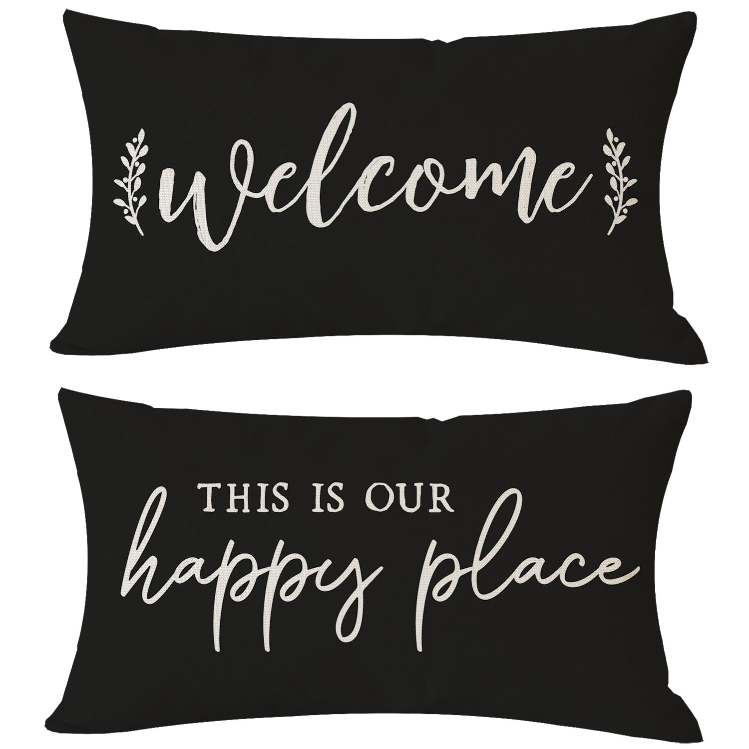 Pandicorn Farmhouse Throw Pillow Covers 12X20 Set Of 2 Welcome This Is Our Happy Place Black Outdoor Back Front Porch Patio Deco