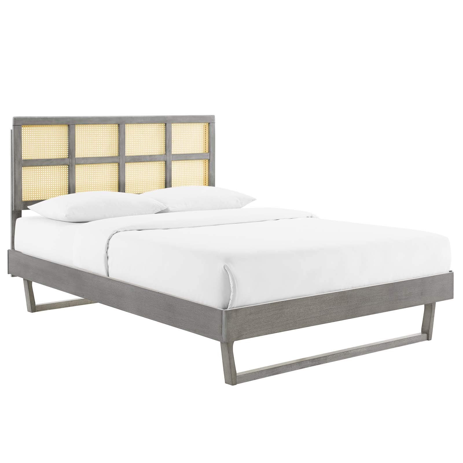Modway Sidney Cane Rattan And Wood Queen Platform Bed In Gray With Angular Legs