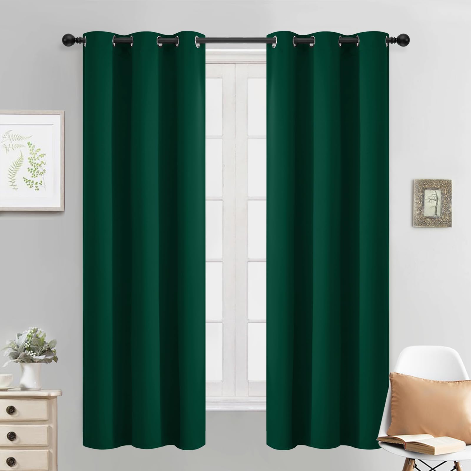 Yakamok Dark Green Blackout Curtains For Bedroom, Room Darkening Thermal Insulated Grommet Window Curtains, Light Blocking Black