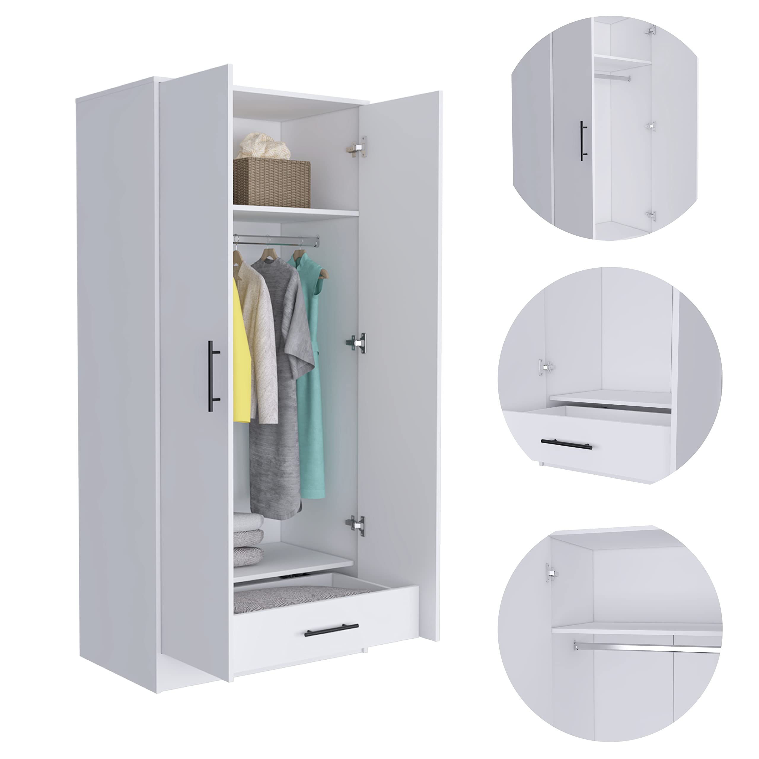 Darwin 180 Armoire with Double Doors, Metal Rod, Top Shelf, and Drawer, White