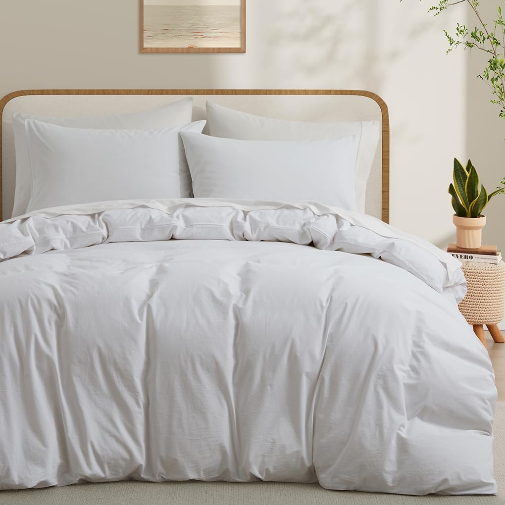 Lovque White Duvet Cover Full Size, 100% Washed Cotton Linen Like Bedding Set With Zipper Closure (No Comforter), 80X90 Inches