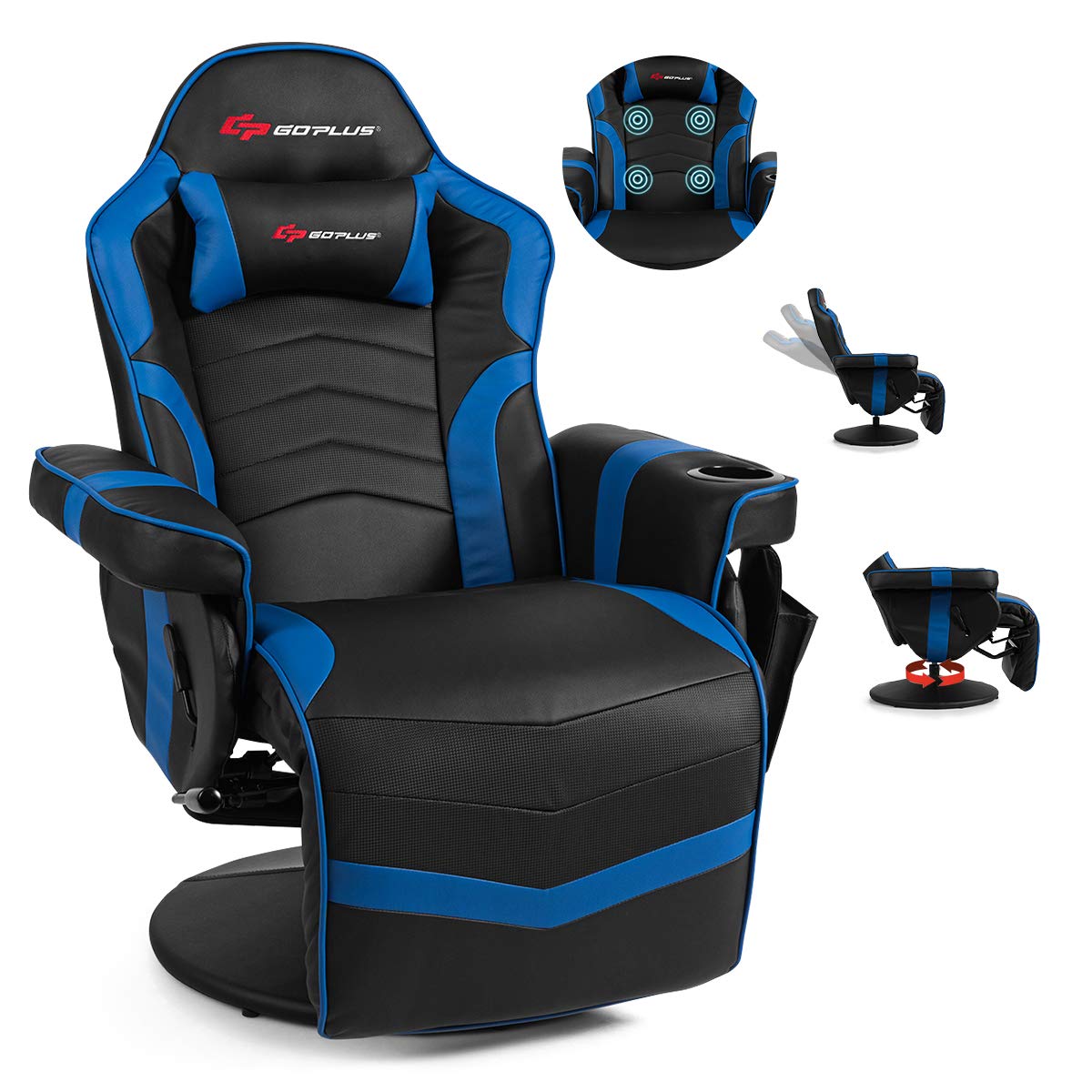POWERSTONE Gaming Recliner Massage Gaming Chair with Footrest Ergonomic PU Leather Single Sofa with Cup Holder Headrest and Side