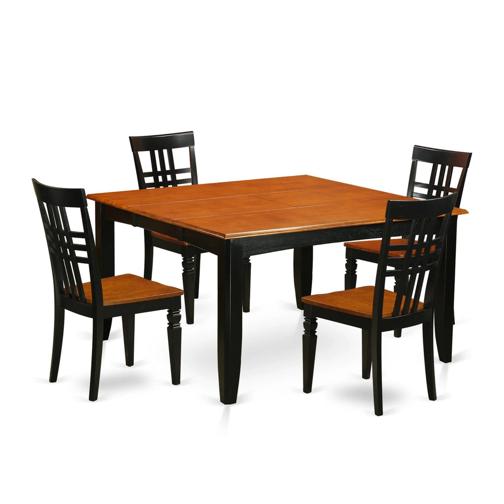 East West Furniture PFLG5-BCH-W 5 Piece Dining Table Set for 4 Includes a Square Kitchen Table with Butterfly Leaf and 4 Dinette Chairs, 54x54 Inch, Black & Cherry