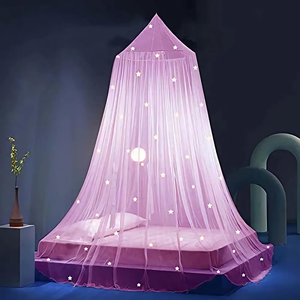 Eimilaly Stars Bed Canopy Glow In The Dark, Bed Canopy For Girls Mosquito Net, Princess Canopy For Girls Bed Room Decor, Pink