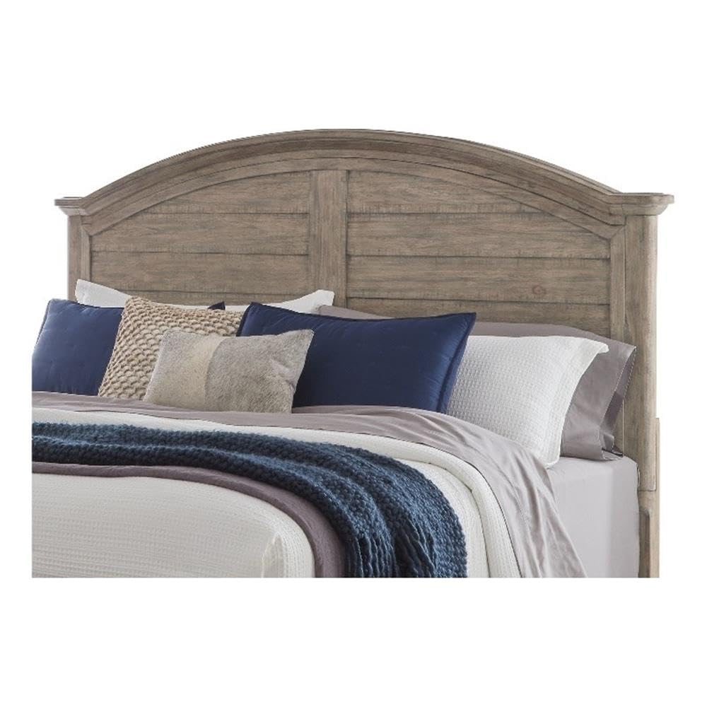 American Woodcrafters Meadowbrook Beige Antique Sand Wood King Arched Farmhouse Panel Headboard