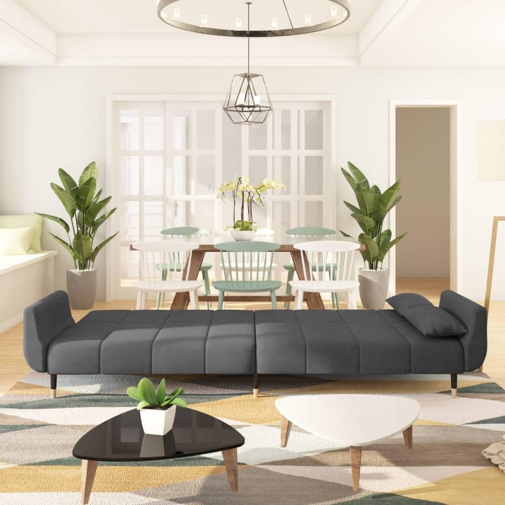 vidaXL Dark Gray Velvet 2-Seater Sofa Bed - Convertible Loveseat Couch with Adjustable Backrests and Pillows for Living Room, Office, Guest Room