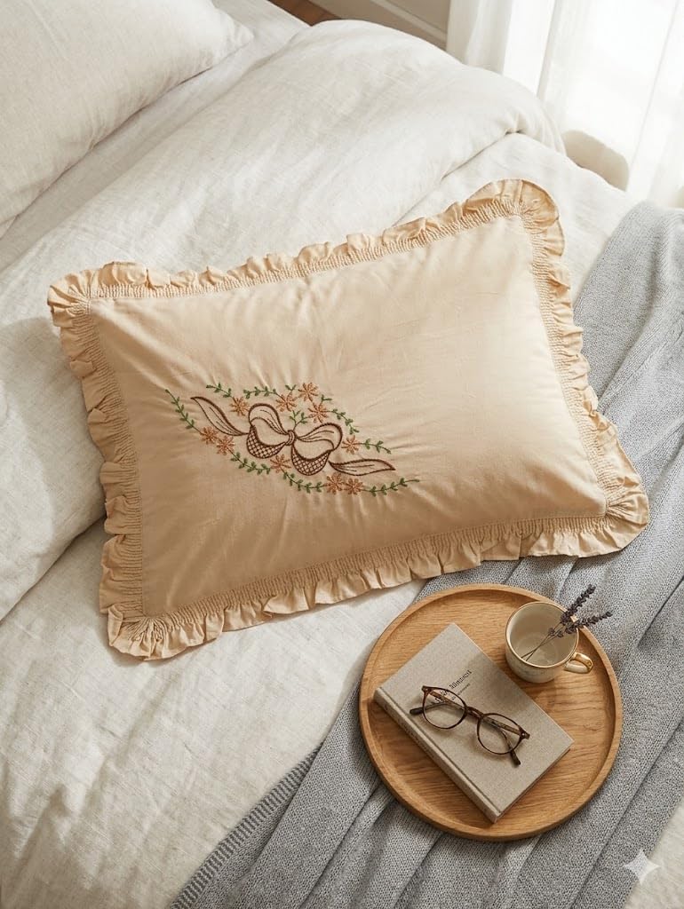 CasaNest Botanical Wave Embroidery Cushion Cover With Ruffled Edge Size17X27 Inch (Multi 8)Pack Of 2 Pc