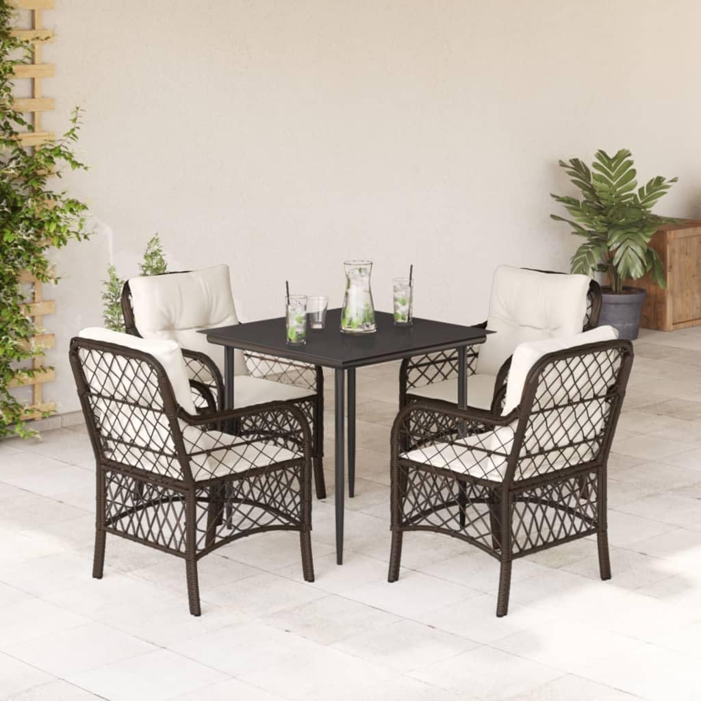 vidaXL 5 Piece Patio Dining Set - Brown Poly Rattan with Cushions & Tempered Glass Tabletop for Garden/Backyard