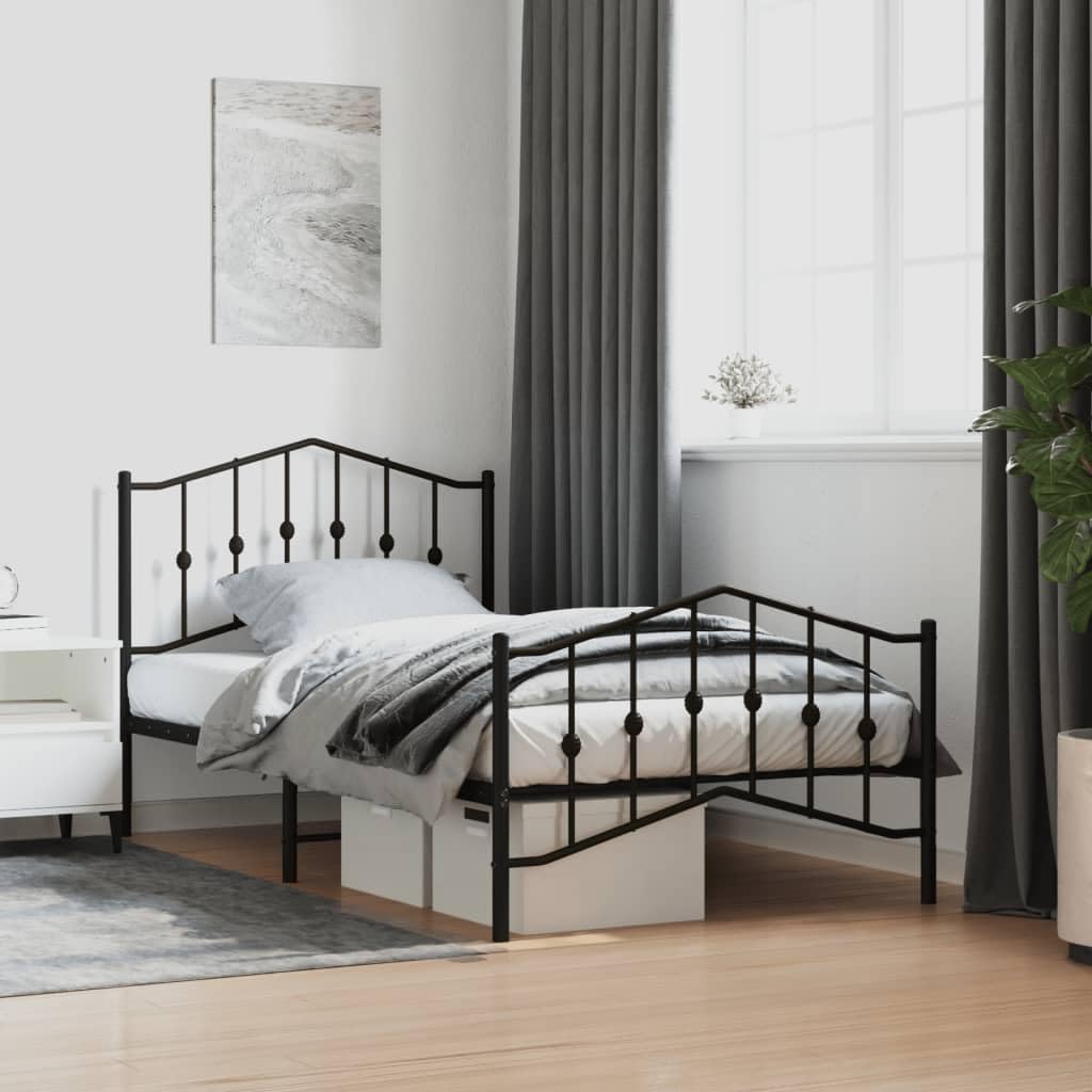 vidaXL Black Steel Single Bed Frame with Robust Design, Breathable Support, Extra Storage, Headboard and Footboard
