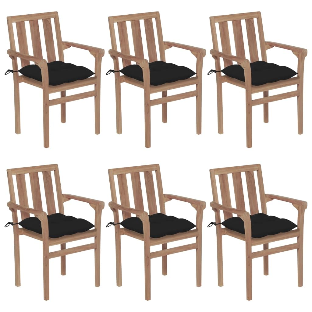 Vidaxl 6-Piece Solid Teak Wood Stackable Patio Chairs With Cushions - Stylish Outdoor Chairs Ideal For Garden, Patio, Cafe Or Bar - Black Cushions