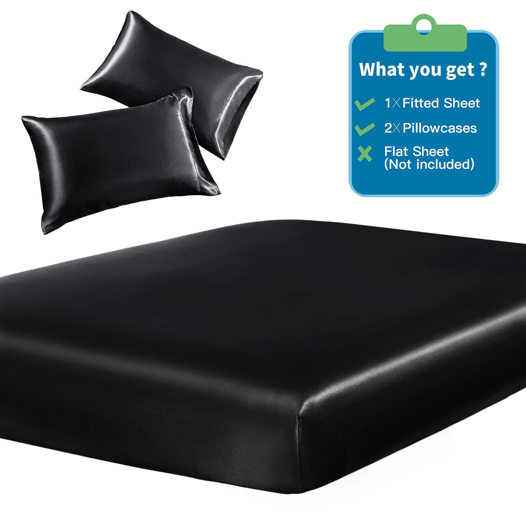 Siinvdabzx 3-Piece Set Satin Queen Fitted Sheet & 2 Pillowcase, Black Silky Soft Fitted Bottom Sheet, Wrinkle Free, Fade Resista