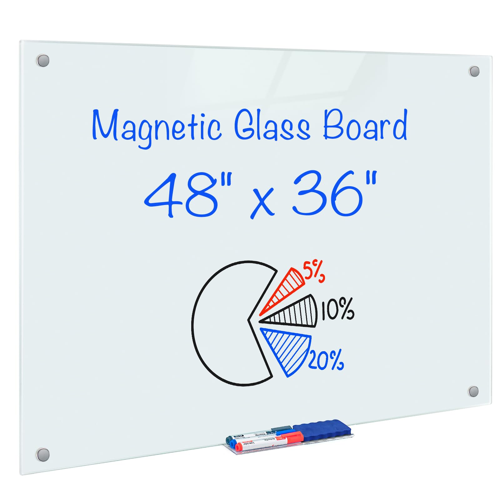 Maxtek Magnetic Glass Dry Erase White Board, 48' X 36' Frameless Glass Board For Wall Mounted, Includes 5 Magnets, 3 Markers A
