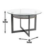 Steve Silver Furniture Olson Counter Table, 48" Round Glass Table Top w/Iron Trestle Base w/Birch Wood Veneers, Mid-Centruy Design, 36" Table Height, (Table Only), 48" L x 48" W x 36" H, Grey