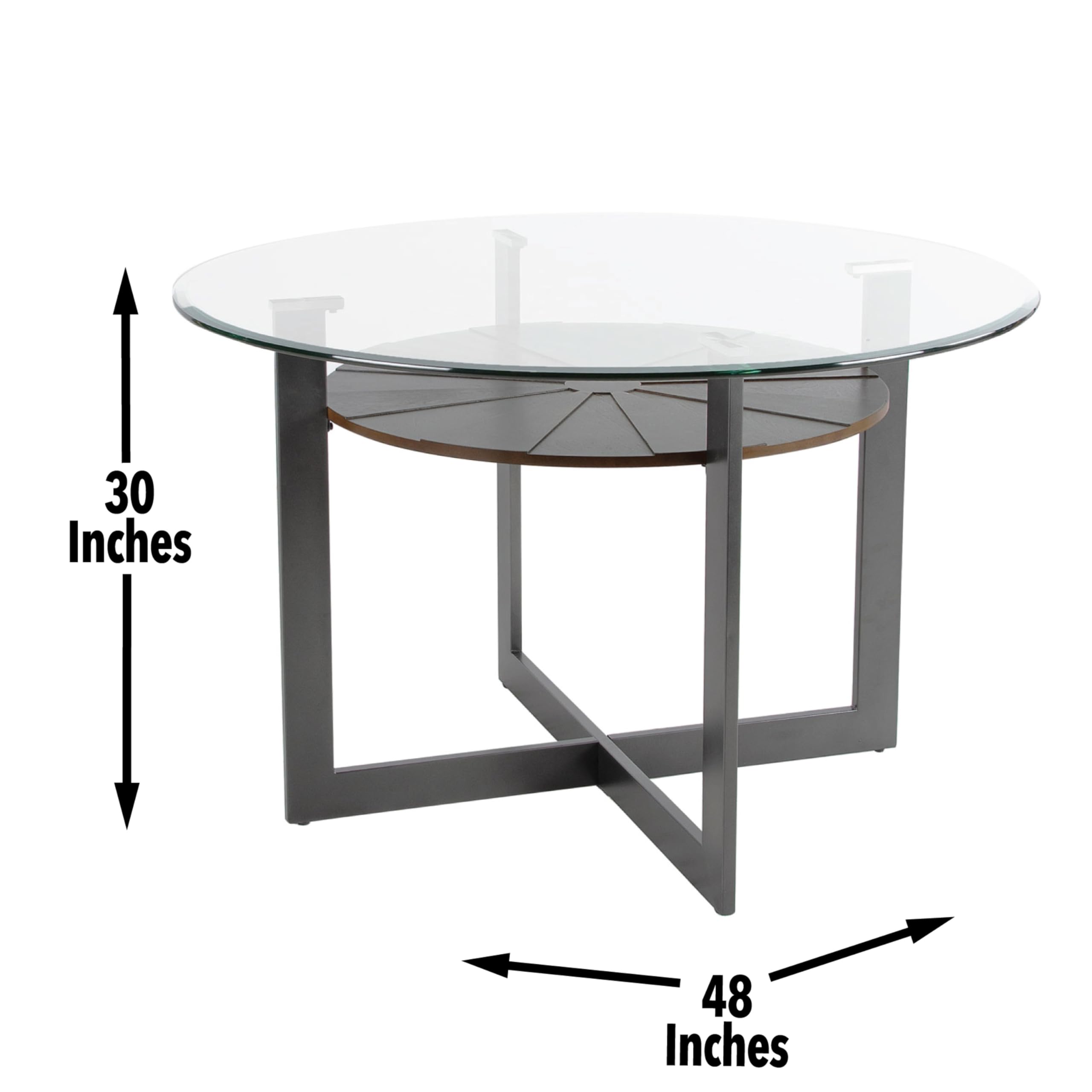 Steve Silver Furniture Olson Counter Table, 48" Round Glass Table Top w/Iron Trestle Base w/Birch Wood Veneers, Mid-Centruy Design, 36" Table Height, (Table Only), 48" L x 48" W x 36" H, Grey