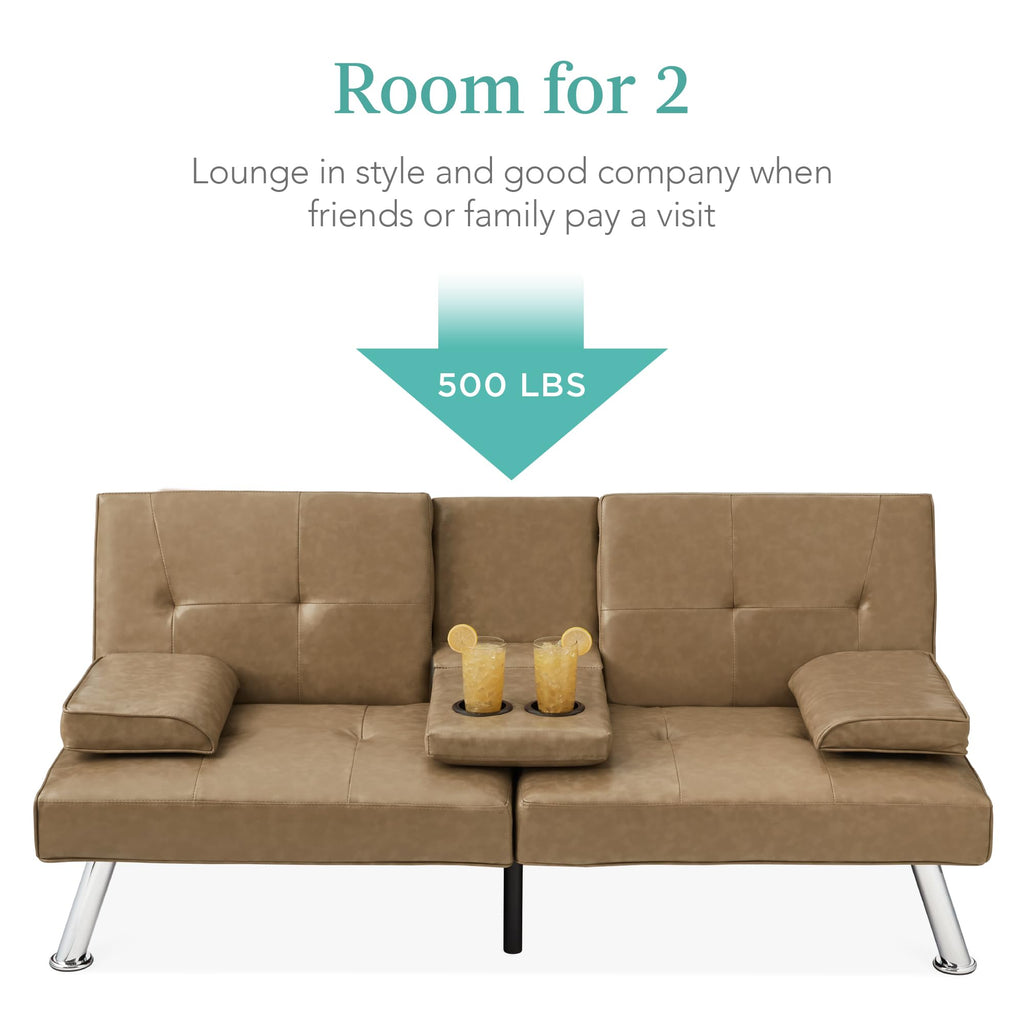 Best Choice Products Faux Leather Upholstered Modern Convertible Futon, Adjustable Folding Sofa Bed, Guest Bed W/Removable Armrests - Taupe