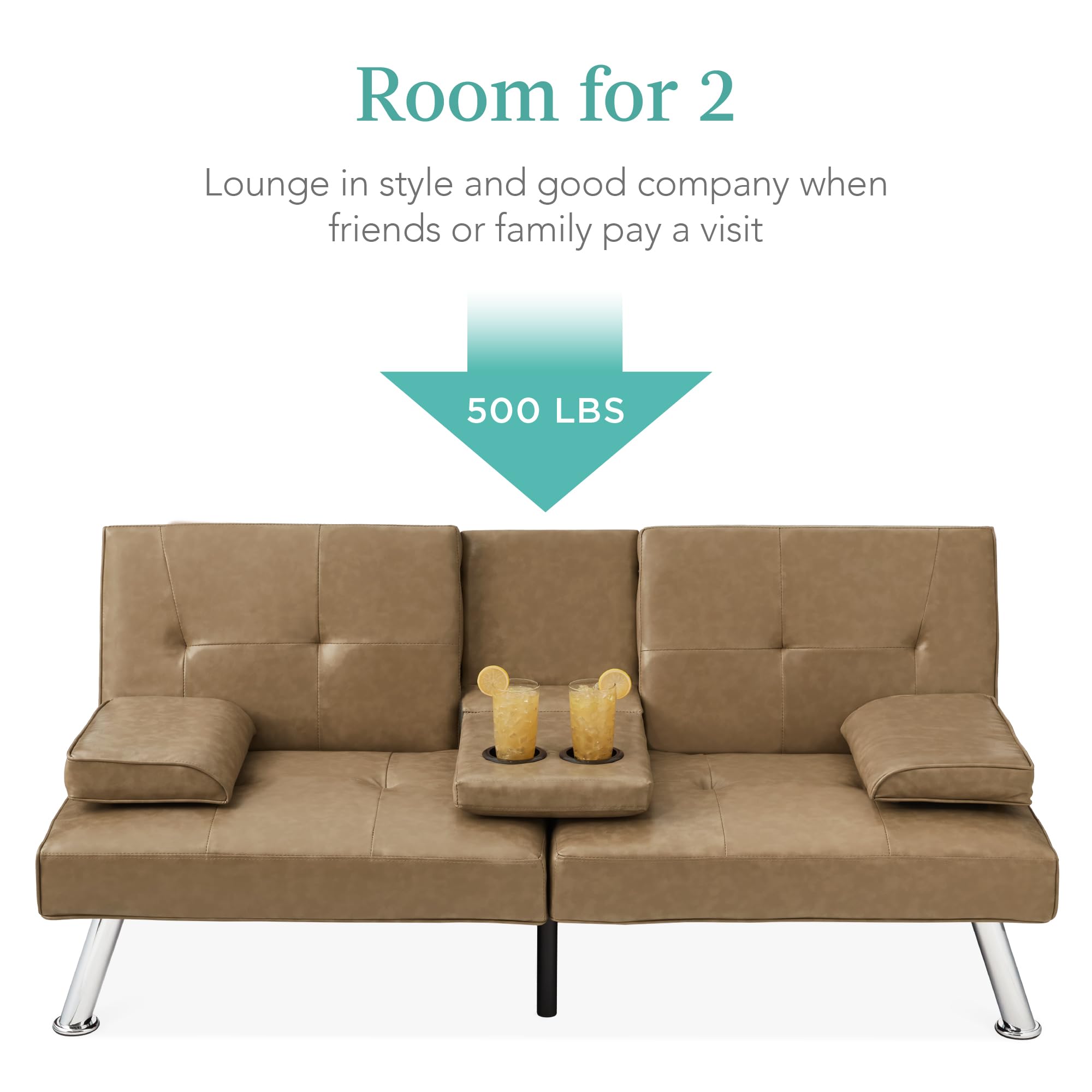 Best Choice Products Faux Leather Upholstered Modern Convertible Futon, Adjustable Folding Sofa Bed, Guest Bed W/Removable Armrests - Taupe