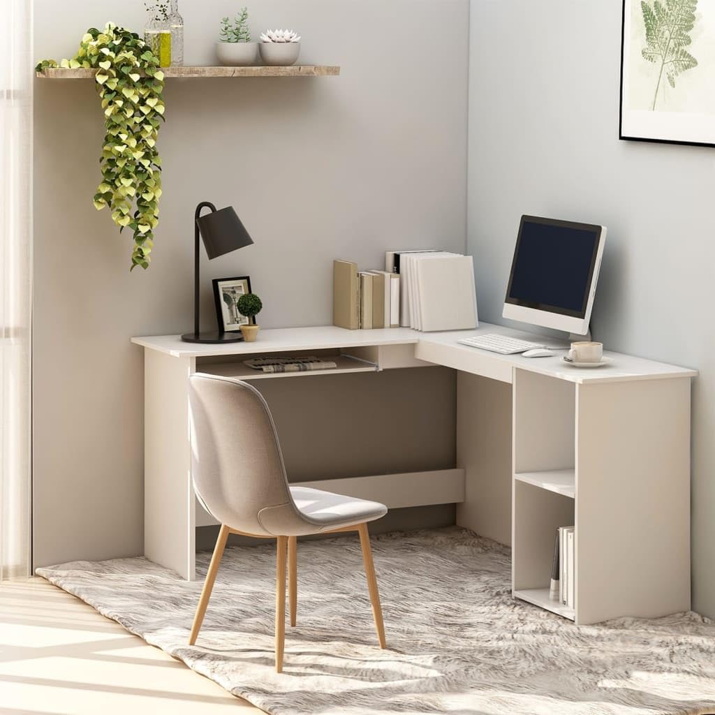 vidaXL Corner Desk, L-Shaped Computer Desk with Pull-Out Keyboard Tray, Home Office Desk, Workstation, Modern, White Engineered Wood