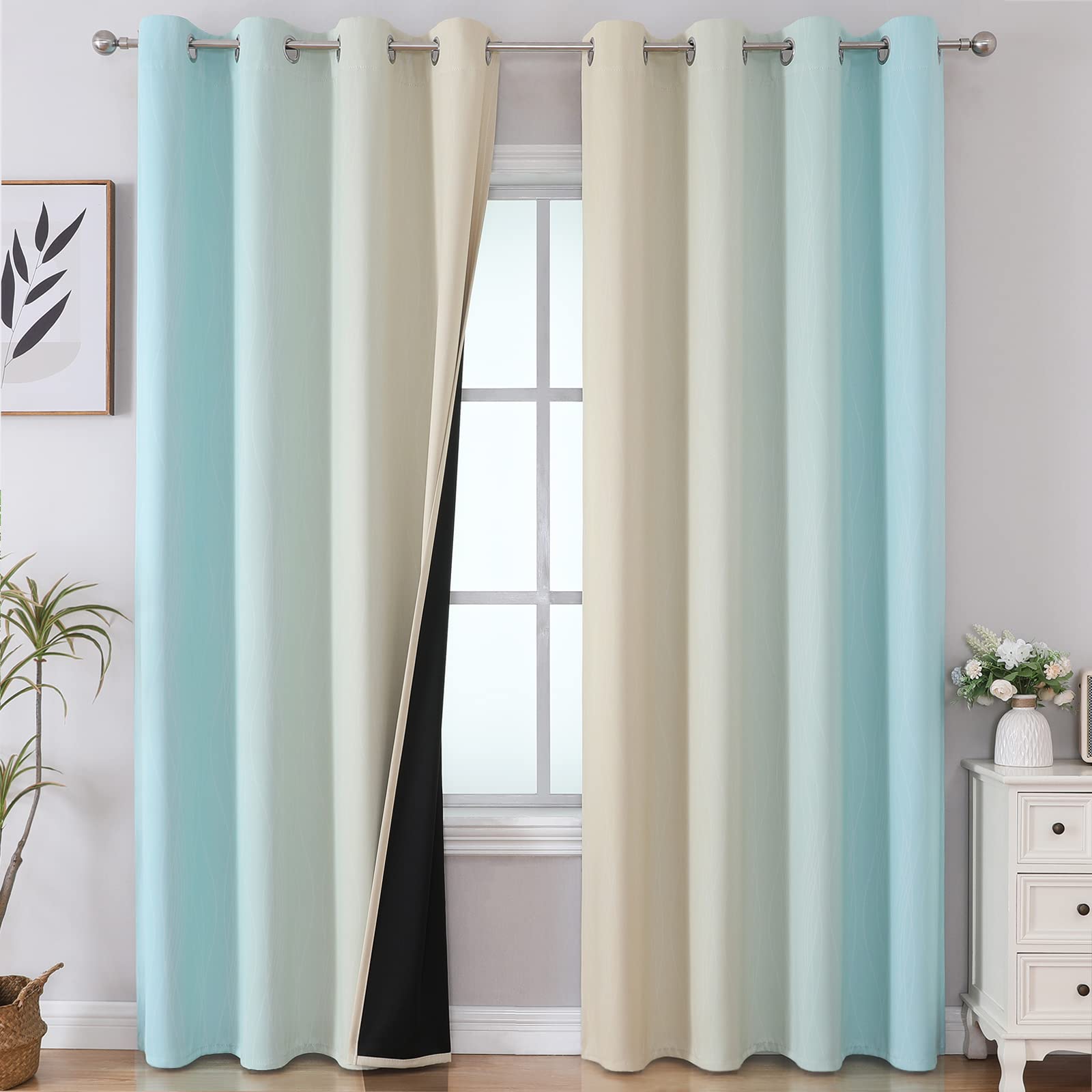 Estelar Textiler Beige And Aqua Blackout Curtains For Bedroom, Thermal Insulated Drapes 108 Inches Long, Full Light Blocking Ene
