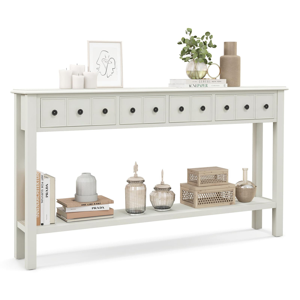Giantex Narrow Console Table With Storage - 60' Long Sofa Side Table W/ 4 Drawers & Open Shelf, Solid Wood Legs, Rectangular Entry Table, Retro Entryway Table For Living Room Hallway, Cream White