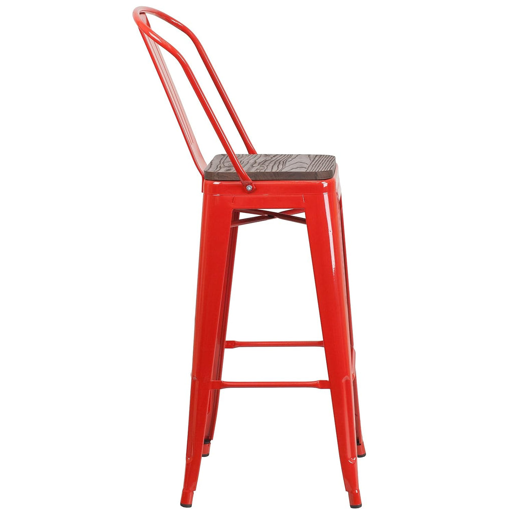 Flash Furniture Lily 30" High Red Metal Barstool with Back and Wood Seat (Pack of 1)
