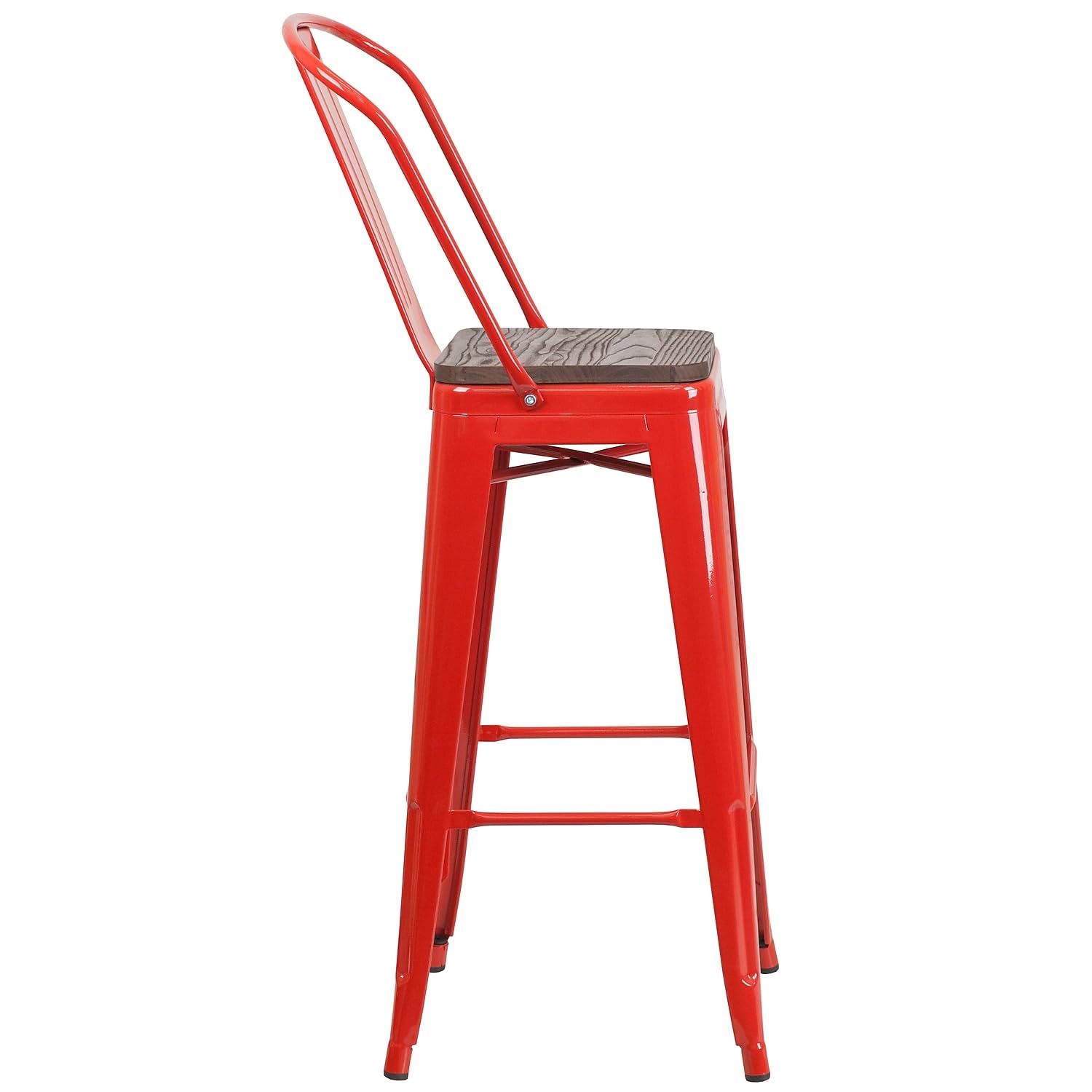 Flash Furniture Lily 30" High Red Metal Barstool with Back and Wood Seat (Pack of 1)