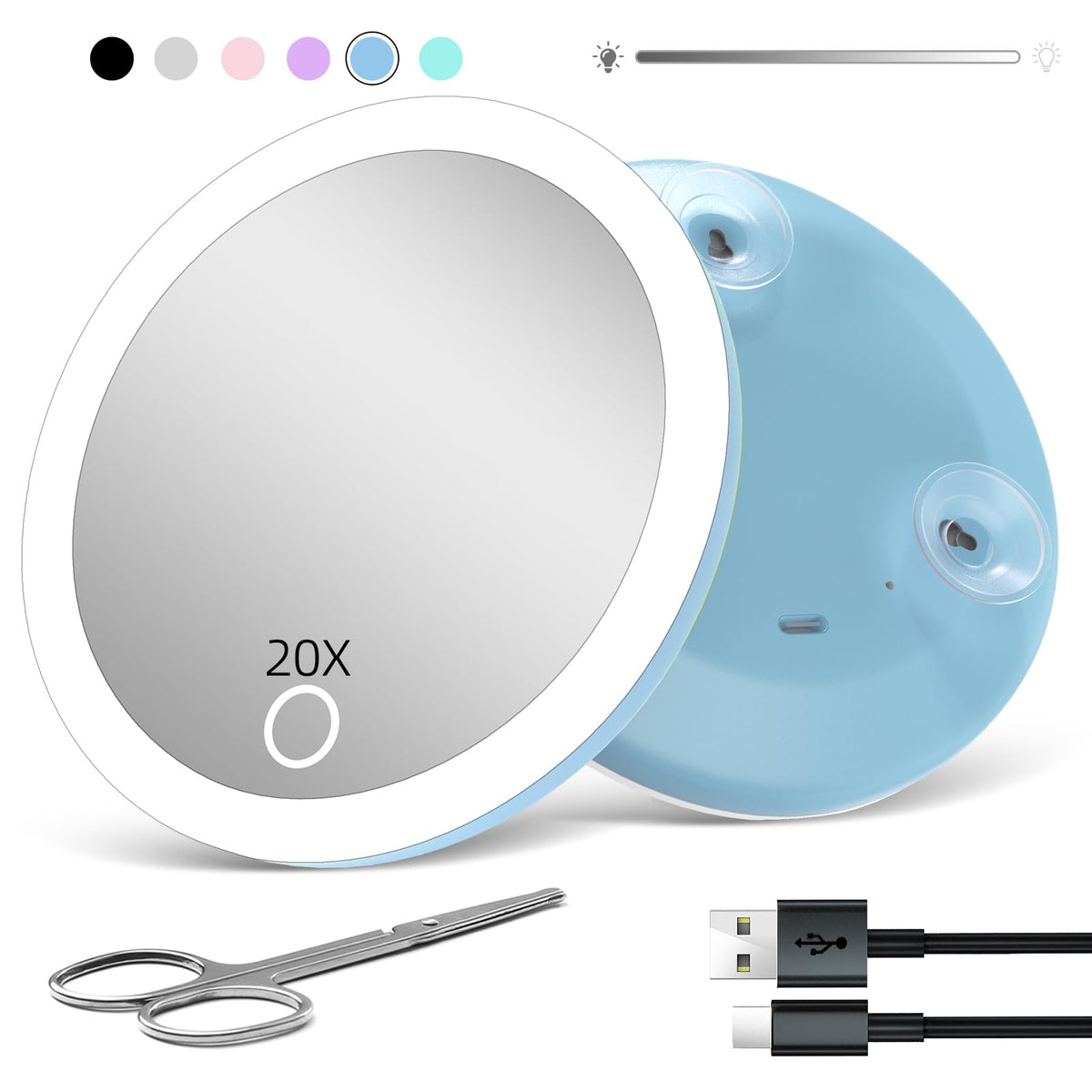 Travel Magnifying Mirror with Light 20X, 4inch Rechargeable Lighted Magnified Mirror with Suction Cups, Small Magnifying Mirror 