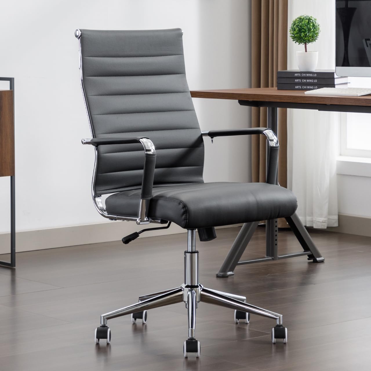 BoisKom Office Desk Chair Leather, Conference Room Chairs with Wheels, Executive Modern Ergonomic Ribbed Computer Chair(Grey)