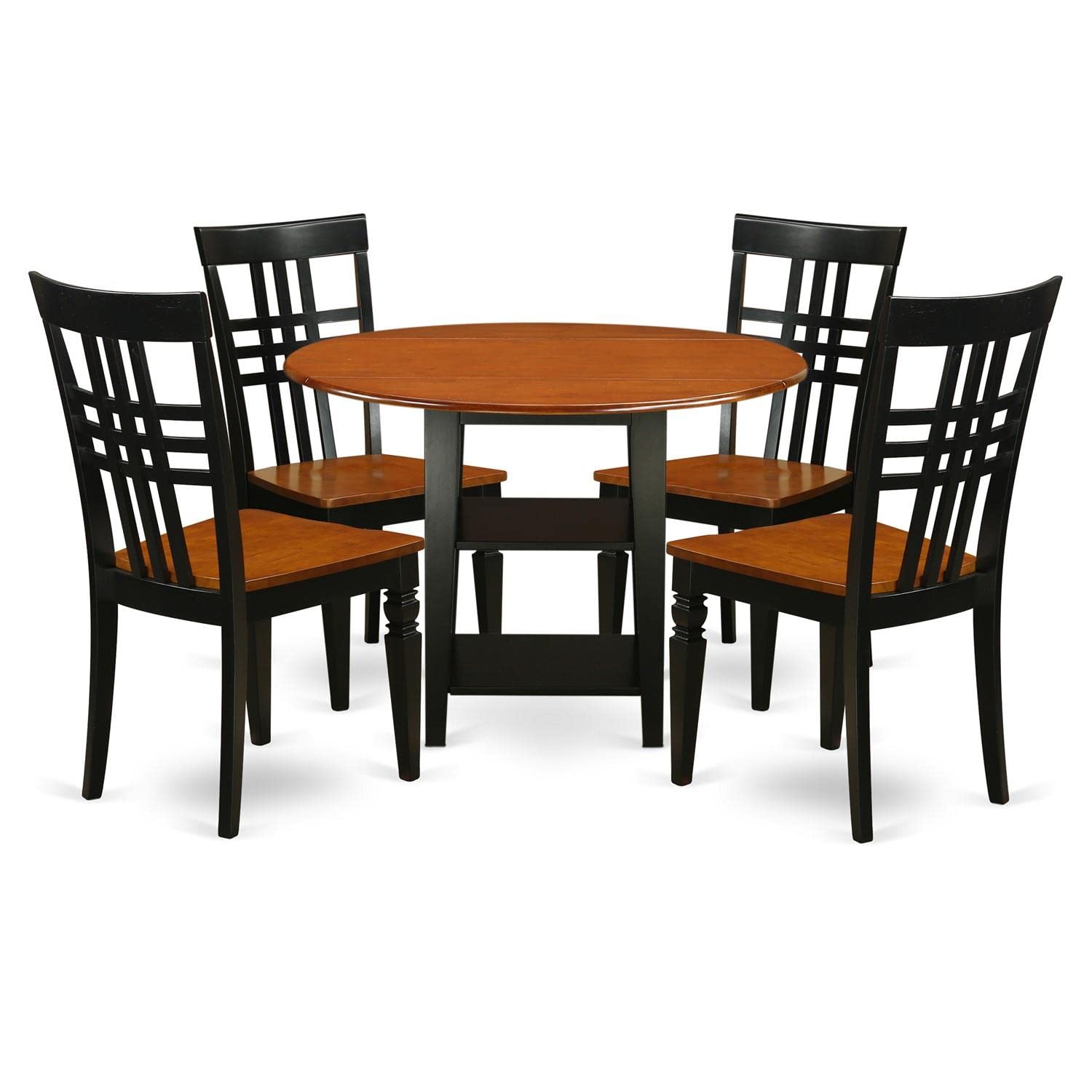 East West Furniture Sulg5-Bch-W 5 Piece Kitchen Table Set For 4 Includes A Round Dining Room Table With Dropleaf & Shelves And 4 Dining Chairs, 42X42 Inch, Black & Cherry
