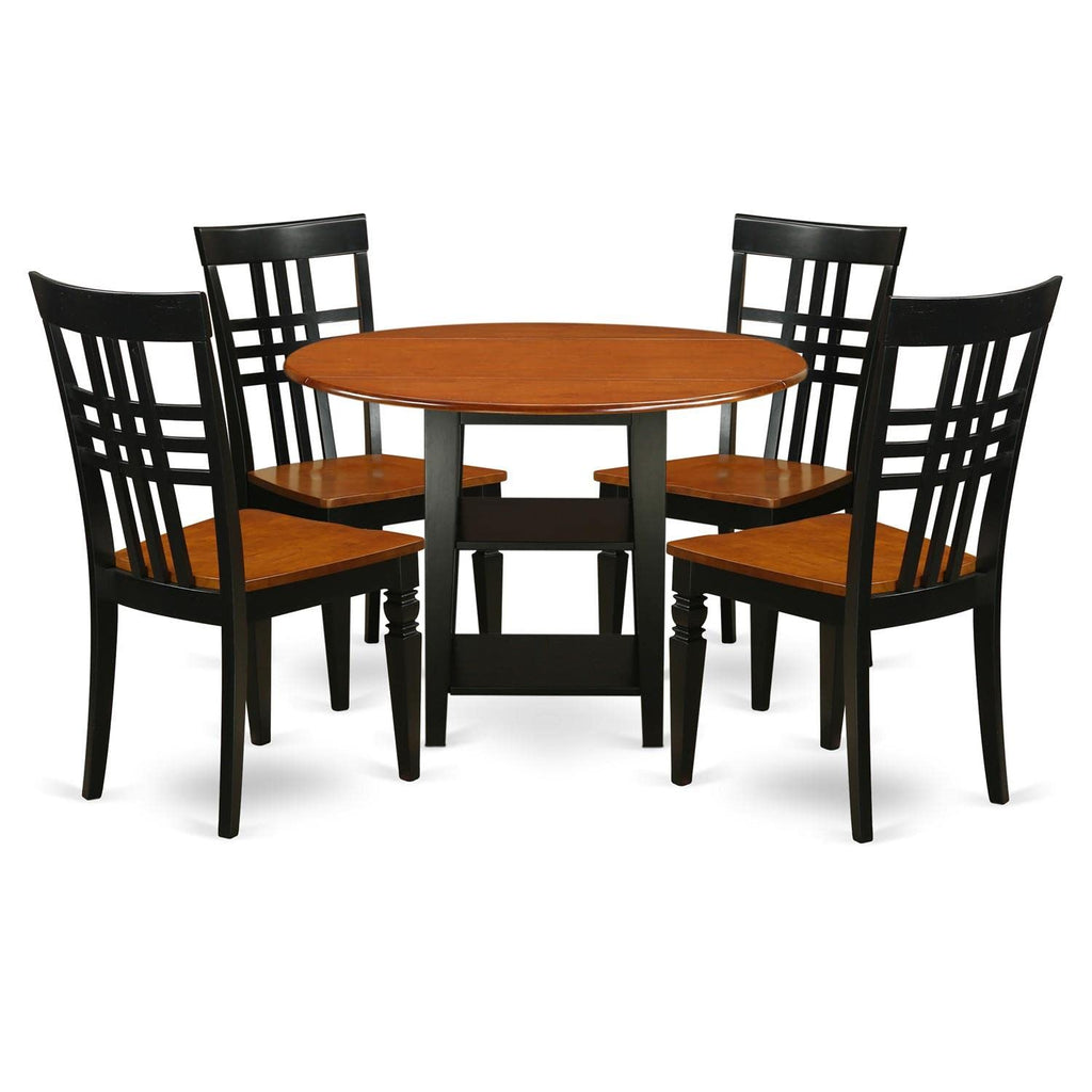 East West Furniture Sulg5-Bch-W 5 Piece Kitchen Table Set For 4 Includes A Round Dining Room Table With Dropleaf & Shelves And 4 Dining Chairs, 42X42 Inch, Black & Cherry