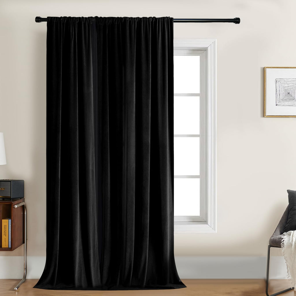 Joydeco Velvet Curtains 72 Inch 1 Panel, Long Luxury Black Blackout Thermal Insulated Rod Pocket Window Curtains, Super Soft Roo