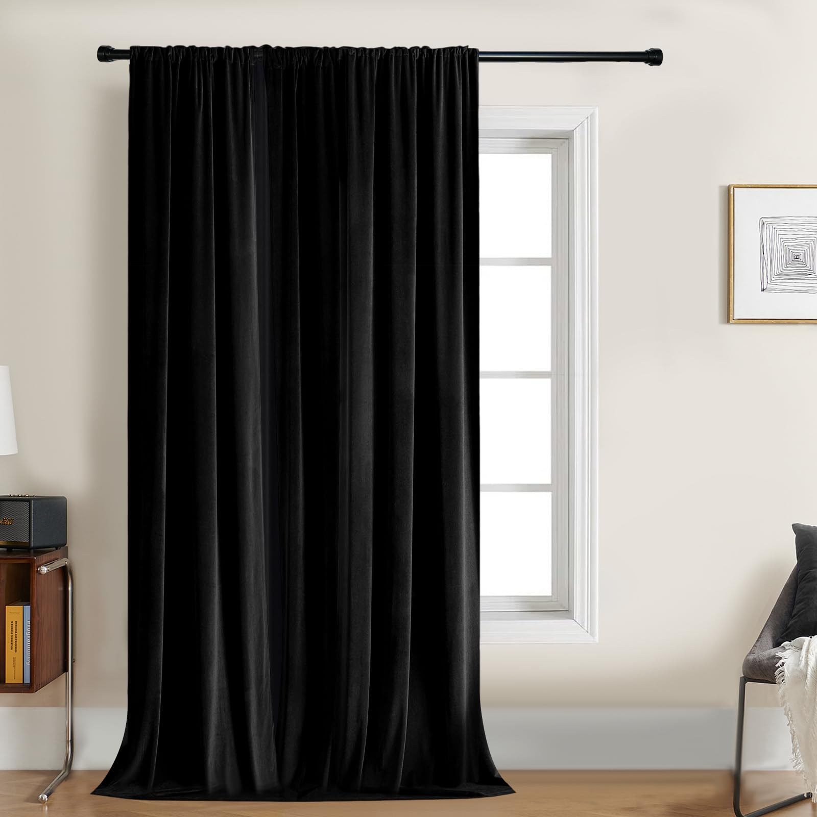Joydeco Velvet Curtains 72 Inch 1 Panel, Long Luxury Black Blackout Thermal Insulated Rod Pocket Window Curtains, Super Soft Roo