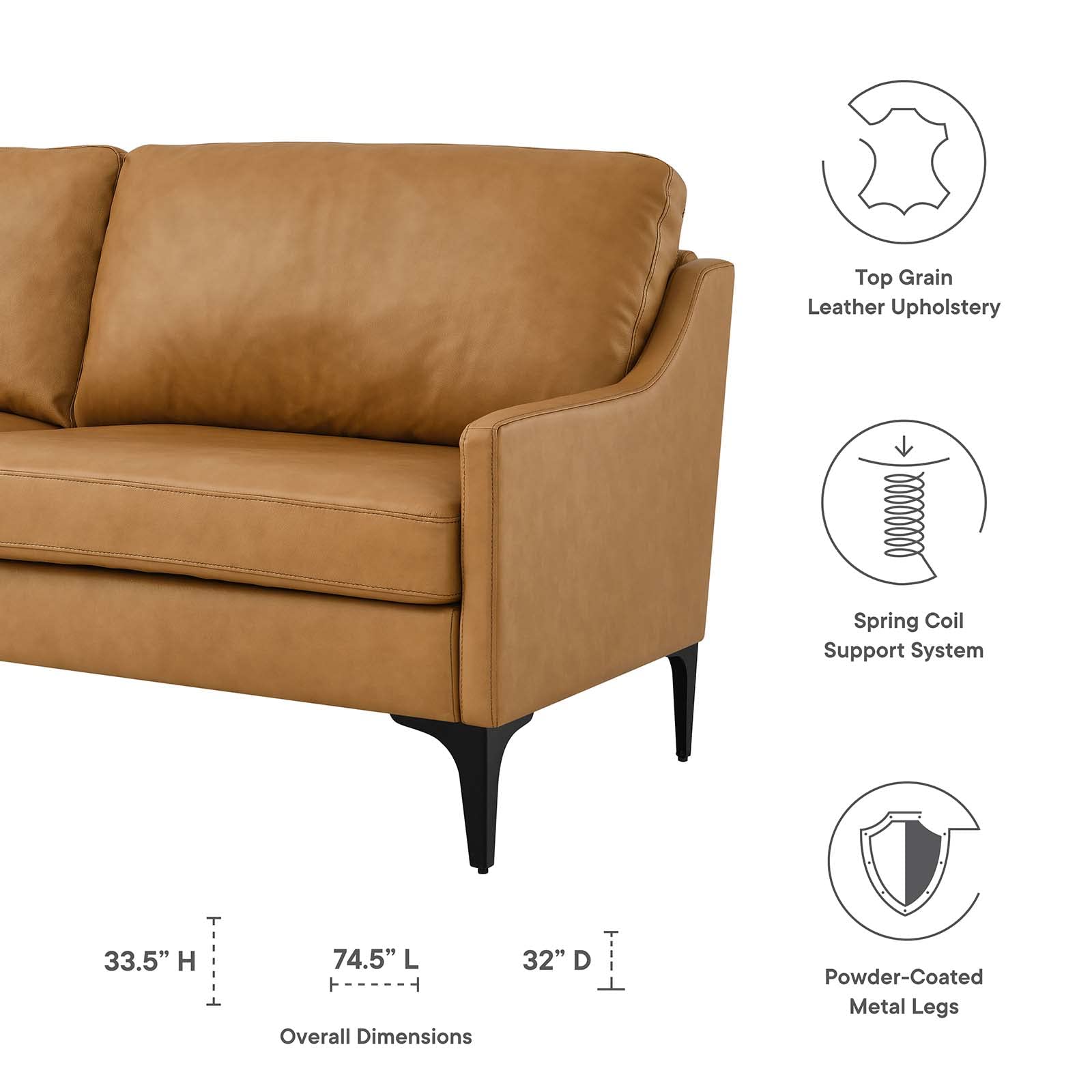 Modway EEI-6018-TAN Corland Leather Sofa, Tan