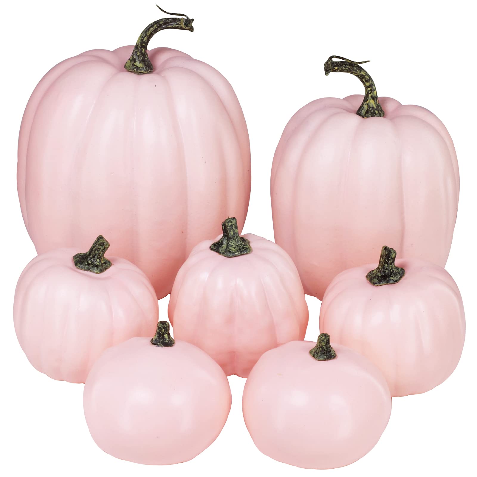 Winlyn 7 Pcs Assorted Sizes Fall Artificial Light Pink Pumpkins Harvest Pumpkins Faux Foam Pale Pink Pumpkins for Fall Autumn Se