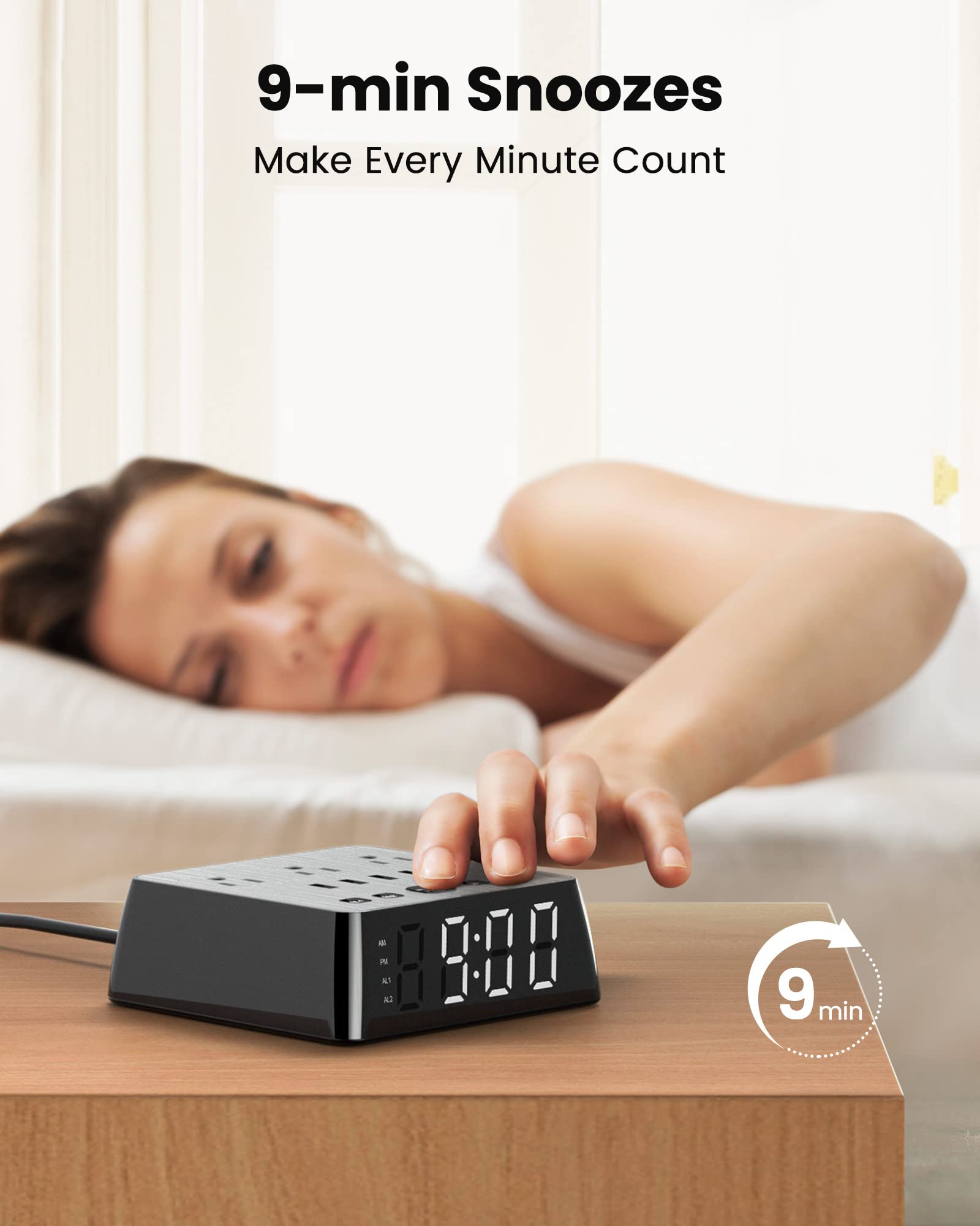 Jackyled Alarm Clock With 4 Usb Chargers Power Strip 3 Outlets 1700J Surge Protector Nightstand Dimmable Digital Clock With Dual