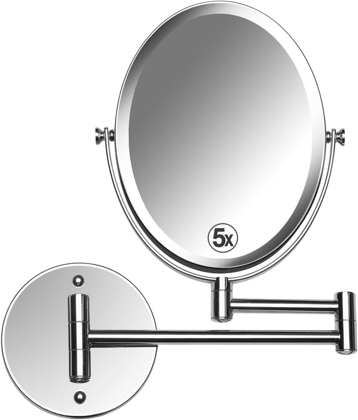 Wall Mounted Bathroom Makeup & Shaving Mirror, Double Sided 5X & 1X Magnification, 13-Inch Extension Swivel Arm, Oval 6.6' x 8.