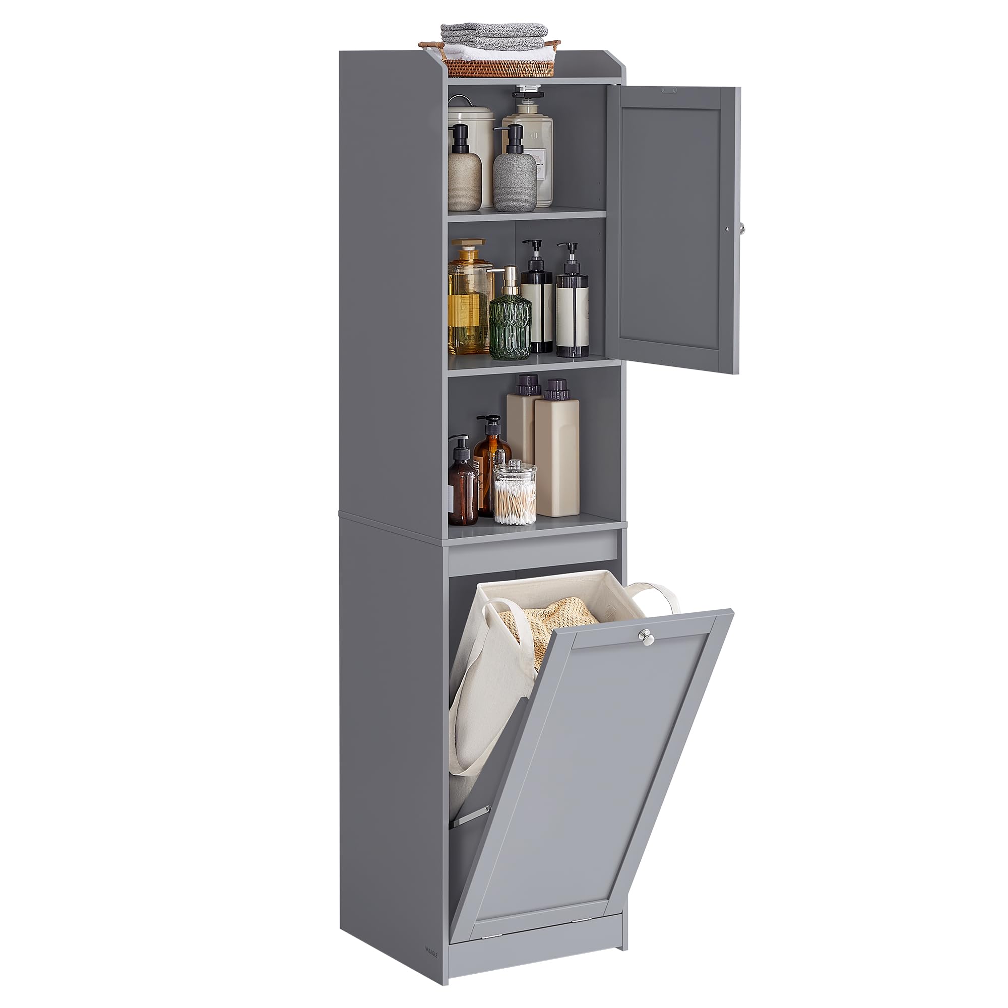 VASAGLE Tall Bathroom Cabinet with Laundry Basket, Removable Laundry Basket with Handles, Compartment with Door, Linen Tower, 15