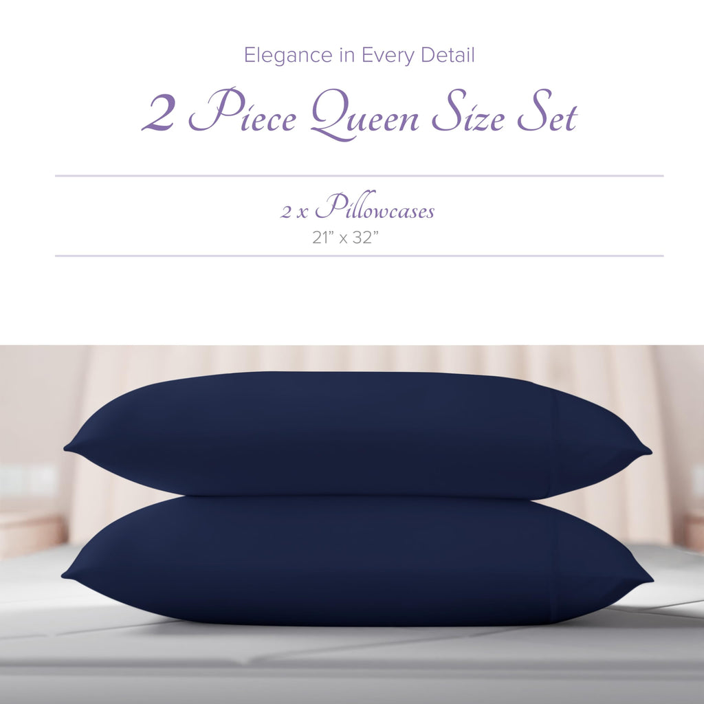Carressa Linen 100% Egyptian Cotton Pillow Cases Set Of 2-600 Thread Count Navy Blue Standard/Queen Pillowcase For Sleeping, Sof