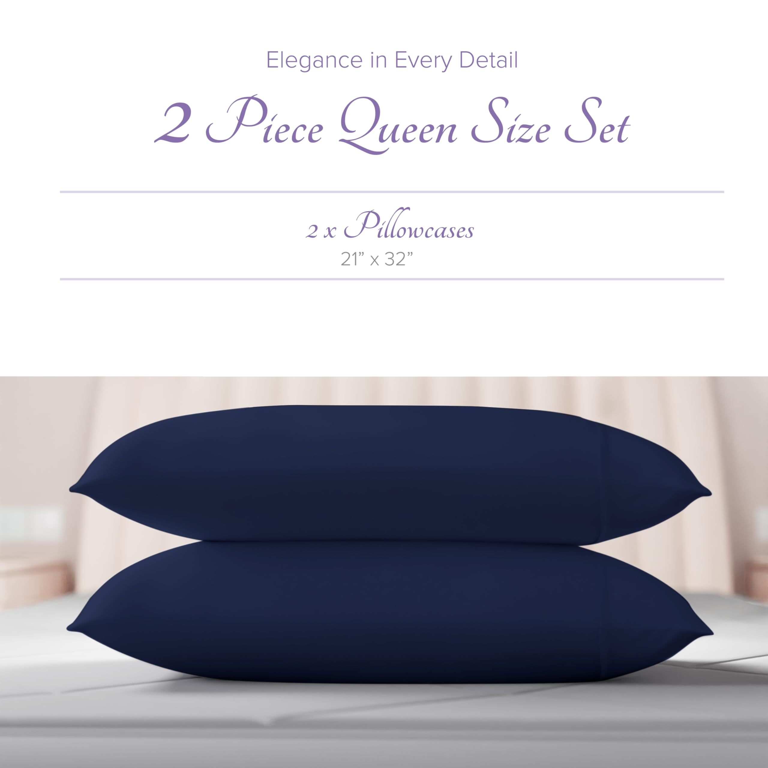 Carressa Linen 100% Egyptian Cotton Pillow Cases Set Of 2-600 Thread Count Navy Blue Standard/Queen Pillowcase For Sleeping, Sof