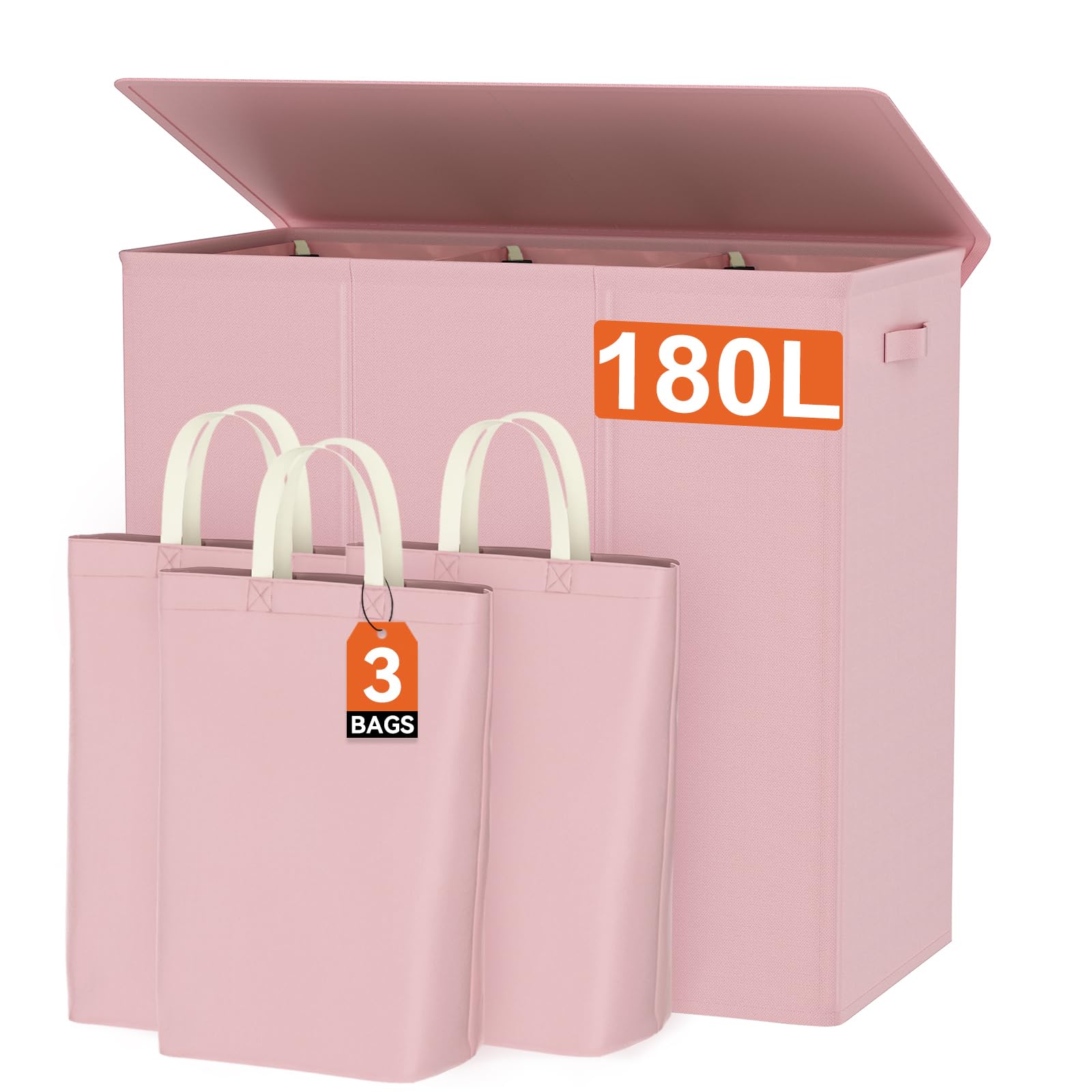 WOWLIVE 180L Laundry Hamper with Lid 3 Section,Large Laundry Basket with Removable Bags and Handles,Collapsible Dirty Clothes Ha