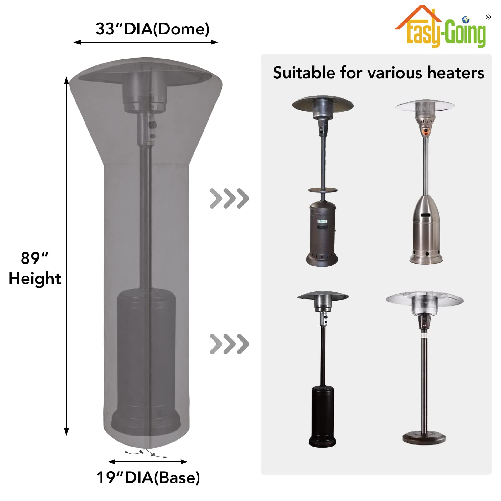 Easy-Going Patio Heater Cover With Zipper And Storage Bag, Waterproof Outdoor Heater Cover Dustproof, Uv-Resisant, Wind-Resistant (89'H X 33'D X 19'B, Grey)